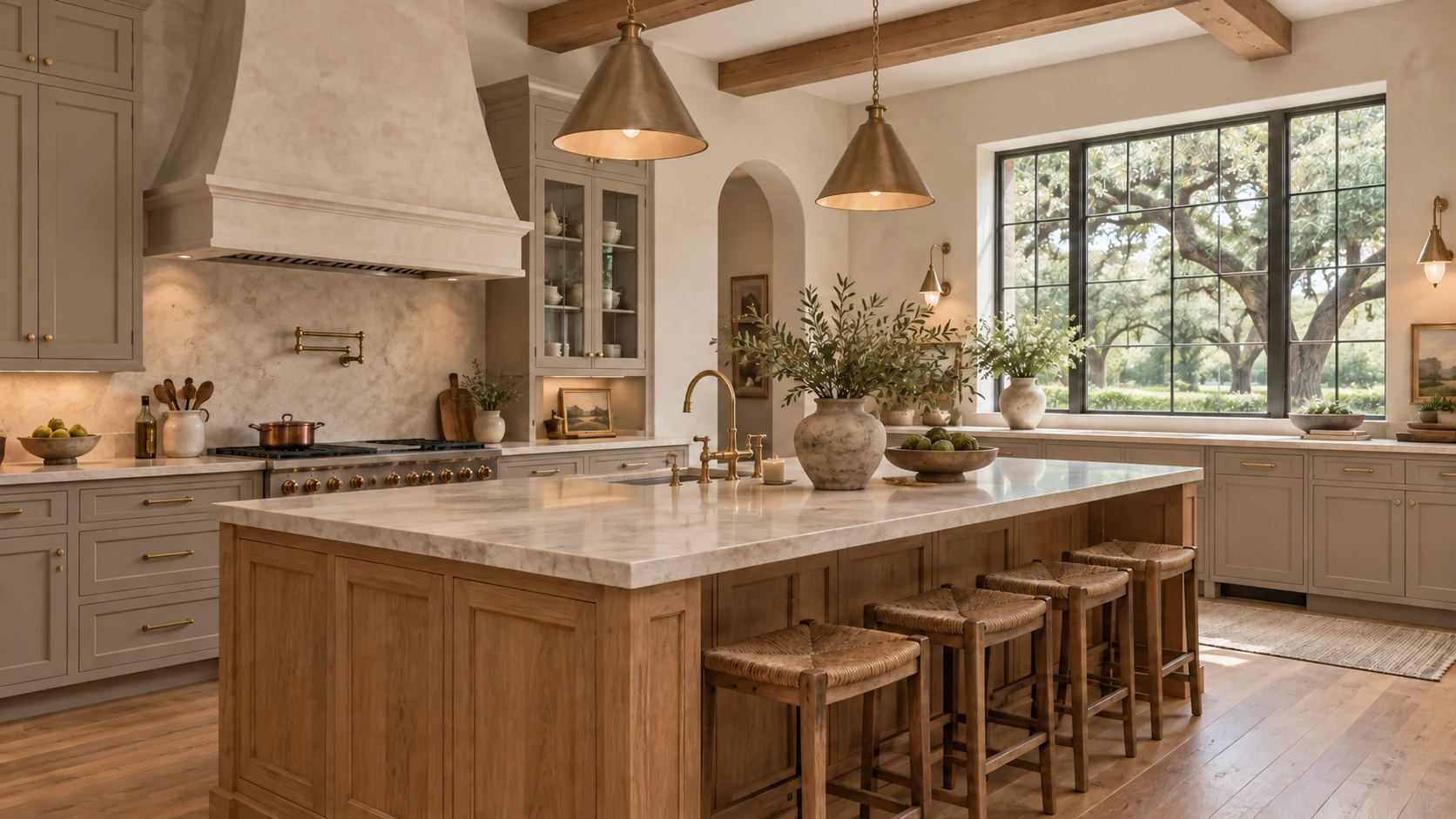 French transitional kitchen with a warm wood island, stone countertops, and garden views.